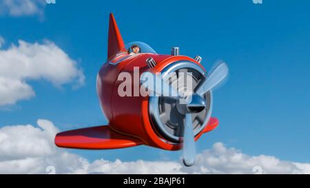 Kleines süßes asiatisches Mädchen wandern auf rotem alten Cartoon-Flugzeug am Himmel. 3D-Rendering Stockfoto