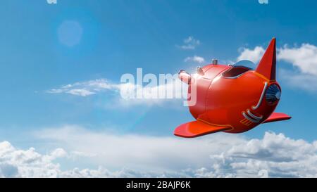 Rotes Oldtimer Cartoon Flugzeug in blauem bewölktem Himmel. 3D-Rendering. Stockfoto