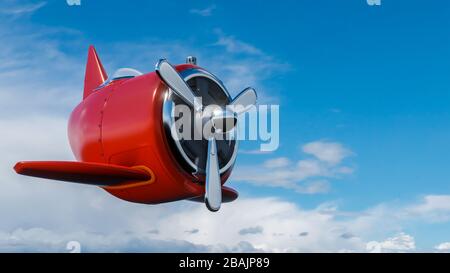 Antiker roter Flugzeug-Cartoon wie in trübem blauen Himmel. 3D-Rendering. Stockfoto