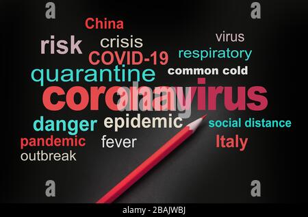 Mit rotem Pincil gekennzeichnetes Risiko für eine Coronavirus-Pandemie. Ccoronavirus obere respiratorische Infektion Wort Wolkenkonzept Stockfoto