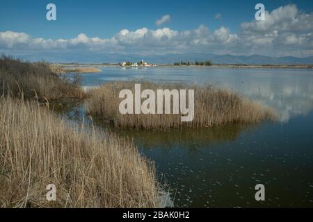 Blick über den Vistonidas-See in Richtung Agios Nikolaos Kloster bei Porto Lagos, im Nationalpark Nestos-Delta und den Seen Vistonida-Ismarida, Griechenland Stockfoto