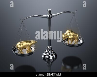 Bull und Bear Economy Konzept mit 3D-Rendering Bullen und tragen auf Skalengewicht Stockfoto