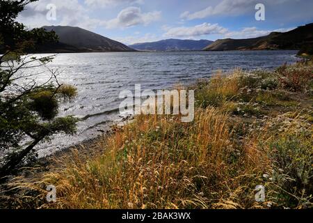 Blick auf Lago Figueroa in der Nähe von Cerro Castillo, Patagonien, Chile, Südamerika Stockfoto