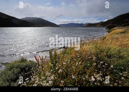 Blick auf Lago Figueroa in der Nähe von Cerro Castillo, Patagonien, Chile, Südamerika Stockfoto