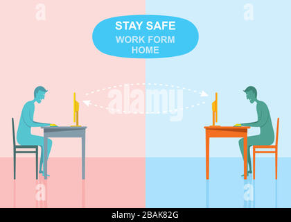 Konzept Coronavirus COVID-19. Das Unternehmen ermöglicht Mitarbeitern, von zu Hause aus zu arbeiten, um Viren zu vermeiden. Vektor illustrieren. Stock Vektor