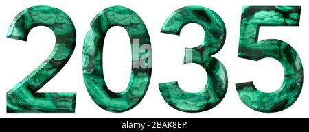 Beschriftung 2035 aus natürlichem grünem Malachit, isoliert auf weißem, 3D-Rendering Stockfoto