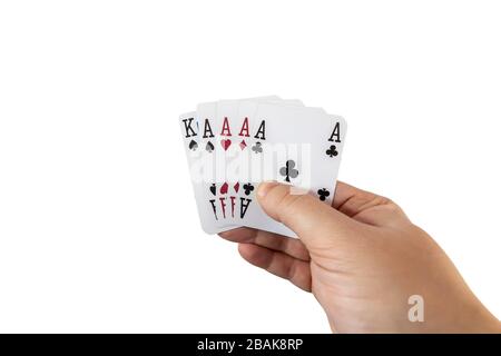 POV-Ansicht eines Mannes, der Spielkarten in seinen Händen hält, isoliert auf weißem Hintergrund. Spielkonzept. Stockfoto