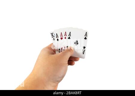 POV-Ansicht eines Mannes, der Spielkarten in seinen Händen hält, isoliert auf weißem Hintergrund. Spielkonzept. Stockfoto