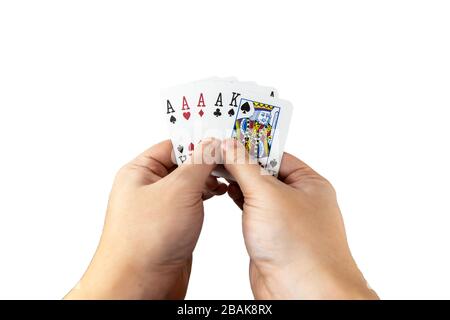 POV-Ansicht eines Mannes, der Spielkarten in seinen Händen hält, isoliert auf weißem Hintergrund. Spielkonzept. Stockfoto
