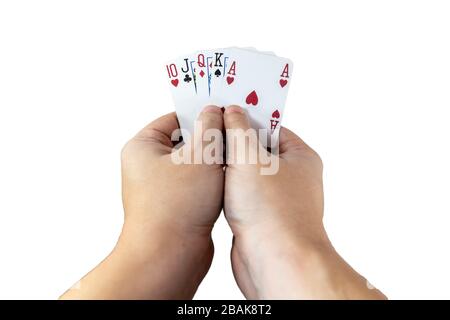 POV-Ansicht eines Mannes, der Spielkarten in seinen Händen hält, isoliert auf weißem Hintergrund. Spielkonzept. Stockfoto