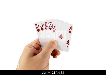 POV-Ansicht eines Mannes, der Spielkarten in seinen Händen hält, isoliert auf weißem Hintergrund. Spielkonzept. Stockfoto