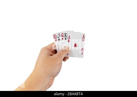 POV-Ansicht eines Mannes, der Spielkarten in seinen Händen hält, isoliert auf weißem Hintergrund. Spielkonzept. Stockfoto