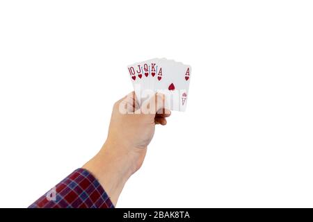 POV-Ansicht eines Mannes, der Spielkarten in seinen Händen hält, isoliert auf weißem Hintergrund. Spielkonzept. Stockfoto