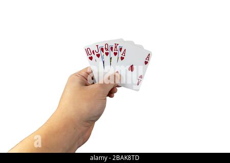 POV-Ansicht eines Mannes, der Spielkarten in seinen Händen hält, isoliert auf weißem Hintergrund. Spielkonzept. Stockfoto