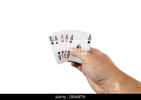 POV-Ansicht eines Mannes, der Spielkarten in seinen Händen hält, isoliert auf weißem Hintergrund. Spielkonzept. Stockfoto