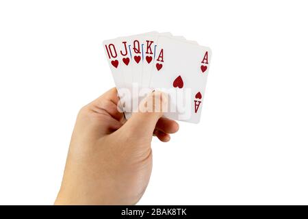 POV-Ansicht eines Mannes, der Spielkarten in seinen Händen hält, isoliert auf weißem Hintergrund. Spielkonzept. Stockfoto