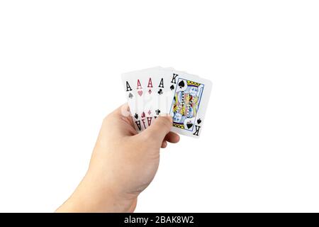 POV-Ansicht eines Mannes, der Spielkarten in seinen Händen hält, isoliert auf weißem Hintergrund. Spielkonzept. Stockfoto