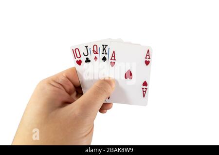 POV-Ansicht eines Mannes, der Spielkarten in seinen Händen hält, isoliert auf weißem Hintergrund. Spielkonzept. Stockfoto