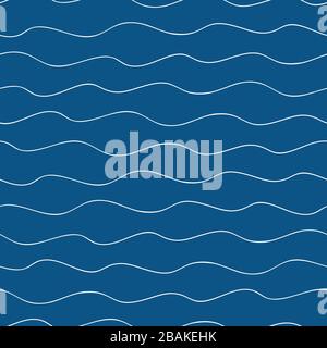 Abstrakte, von der Hand gezeichnete Vektor-Wellen im Ozean. Nahtloses, handgezeichnetes Muster auf marineblauem Hintergrund. Unebener Hintergrund. Alles im Überdruck für den Schiffbau Stock Vektor
