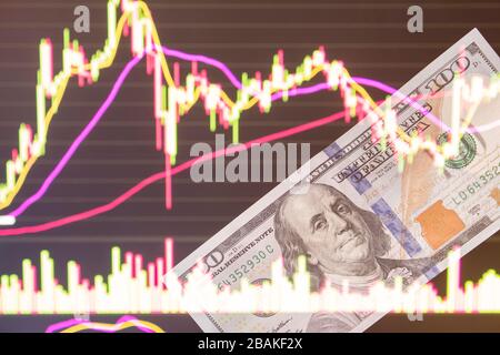 Dollar vor einem Laptop-Monitor mit einem Kursdiagramm.Forex und Trading.EIN Händler handelt Aktien, Anleihen und Wertpapiere oder Währungen auf der Devisenmarke Stockfoto