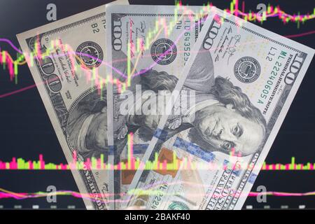 Dollar vor einem Laptop-Monitor mit einem Kursdiagramm.Forex und Trading.EIN Händler handelt Aktien, Anleihen und Wertpapiere oder Währungen auf der Devisenmarke Stockfoto