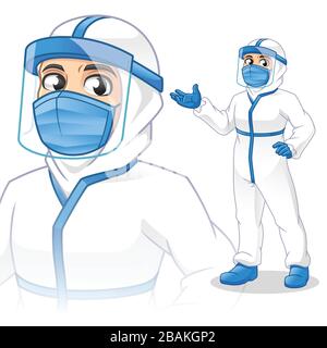 Medizinisches Personal mit persönlicher Schutzausrüstung (PSA) stellt etwas vor, Menschen bei der Arbeit, Arzt, Cartoon Vector Illustration Mascot, im isolierten Whit Stock Vektor