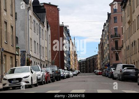 Gebäude im Jugendstil im Stadtteil Eira im Zentrum von Helsinki Finnland, Juni 2019. Schöne bunte Viertel mit einzigartigen Gebäuden. Stockfoto