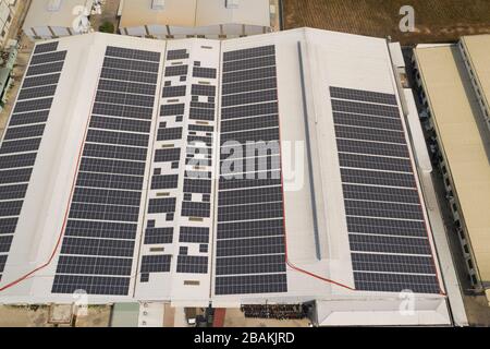 Luftbild der Solarpaneele auf dem energieeffizienten großen modernen Fabrikgebäude Stockfoto