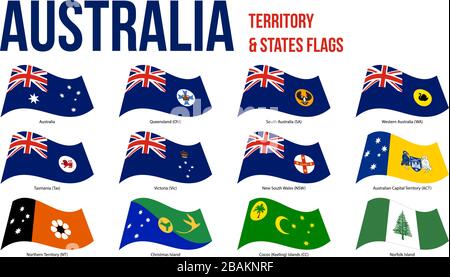 Australien alle Staaten, interne Territorien und der externen Gebiet Fahnen schwenkten Vector Illustration auf weißem Hintergrund. Stock Vektor