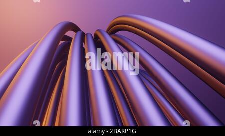 Abstrakte 3D-Darstellung von bunt glänzenden Metallröhren und Linien mit verdrehten Formen, futuristischen, neonfarbenen Farben Stockfoto