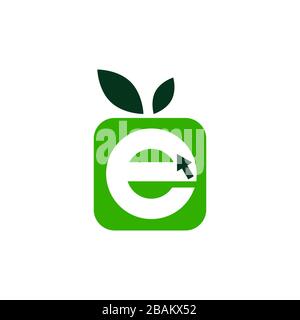 E-Buchstabensymbol in modernem Symbol mit grünem Blatt und Zeigercomputer. Buchstabensymbol für Ihr bestes Geschäftssymbol. Vektordarstellung EPS.8 EPS.10 Stock Vektor