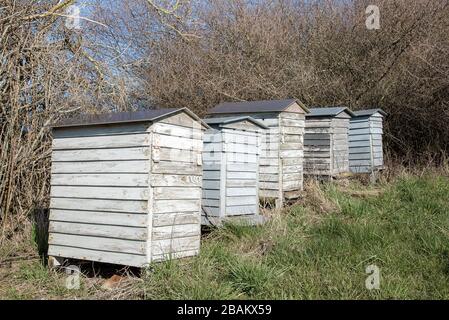 Fünf alte Bienenkörbe in Folge im Frühjahr, Dänemark, Mars 27, 2020 Stockfoto