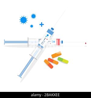 Coronavirus Impfstoffinjektion und Kapsel auf weißem Hintergrund. Die Impfung ist eine der wirksamsten Methoden zur Vorbeugung von Krankheiten Stock Vektor