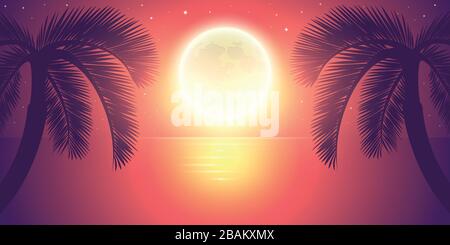 Romantische Nacht Vollmond am Meer mit Palm Tree landschaft Vektor-illustration EPS 10. Stock Vektor