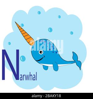 N Wort für Narwhal-Darstellung des Tieralphabets Stock Vektor