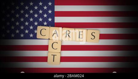 Coronavirus Aid, Relief and Economic Security Act: Brief Tiles CARES Act on US Flag, 3d Illustration Stockfoto