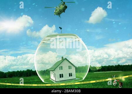 Militärhubschrauber lässt Glaskuppel über Haus fallen - 3D-Abbildung, 3D-Abbildung Stockfoto