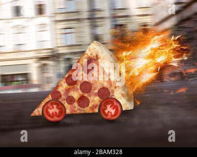 Pizza mit Tomatenrädern wird schnell und heiß geliefert - 3D-Illustration Stockfoto