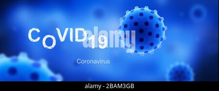 COVID-19-Coronavirus-Banner mit Keimen und Beschriftung COVID auf blauer, 3D-Abbildung. Mikroskopische Ansicht des SARS-COV-2-Corona-Virus. Koronavkonzept Stockfoto