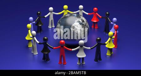 Solidaritätskonzept. Bunte menschliche Figuren, die die Hände im Kreis um den Erdglobus halten, blauer Hintergrund. Stoppen Sie Rassismus, globale Unterstützung der Gemeinschaft. Stockfoto