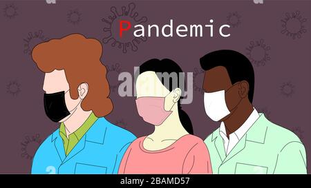 Die Pandemie ist multinational. Menschen verschiedener Nationalitäten in Masken. Stock Vektor