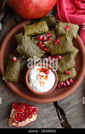 Dolma in einer Tonplatte mit Granatapfel, Sauerrahm und Chacha auf Holzgrund Stockfoto