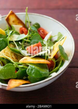 Wintersalat mit Zucchini, Tomaten, Zwiebeln und gerösteten Tortillas. Stockfoto