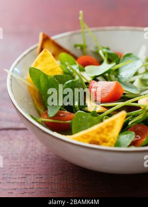 Wintersalat mit Zucchini, Tomaten, Zwiebeln und gerösteten Tortillas. Stockfoto