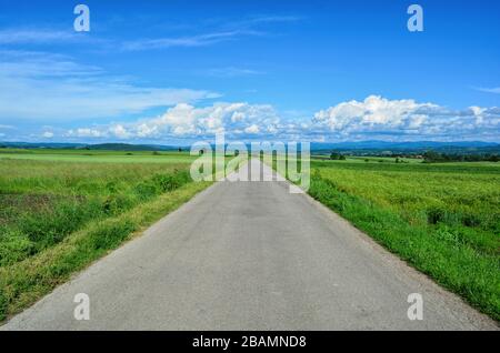 Landstraße, die geradeaus durch grüne Felder führt, kleine grüne Hügel in der Ferne, weiße Wolken und blauer Himmel, Landschaft im späten Frühling Stockfoto