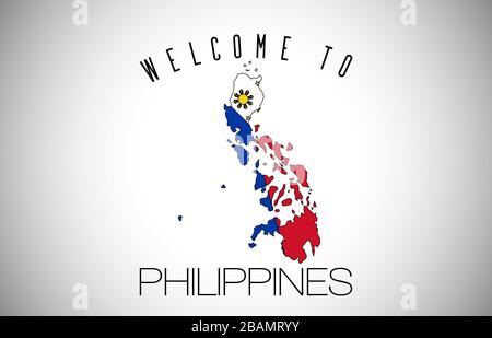 Philippinen Willkommen bei Text und Landesflaggen in der Ländergrenzkarte. Philippinen Karte mit Nationalflaggen Vector Design Illustration. Stock Vektor