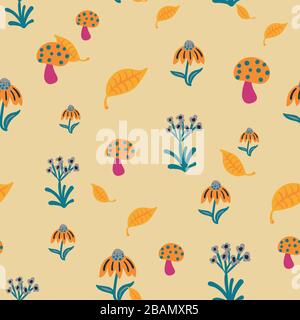 Toadstools, Blumen und Blätter nahtloses Vektormuster Stock Vektor