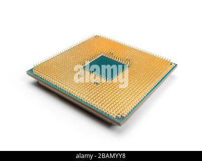 Nahaufnahme der CPU mit selektivem Fokus. Auf weißem Hintergrund Stockfoto