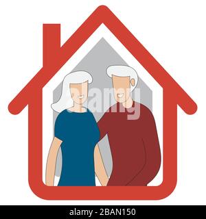 Glückliches älteres Paar mit grauem Haar, das zu Hause umarmt ist. Bleiben Sie zu Hause und das Selbstisolierungskonzept. Vektorgrafiken im flachen Retro-Stil Stock Vektor