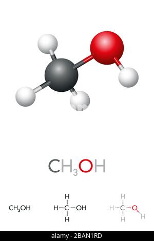 Methanol, CH3OH, Molekularmodell und chemische Formel. Methylalkohol, MeOH, ein beliebtes, aber giftiges Lösungsmittel. Einfachster Alkohol. Stockfoto